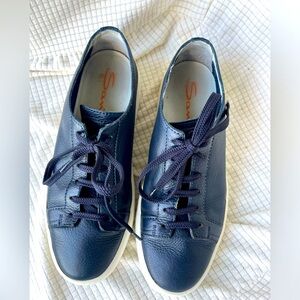 Santoni men's blue leather sneakers / shoes / canvas / made in Italy